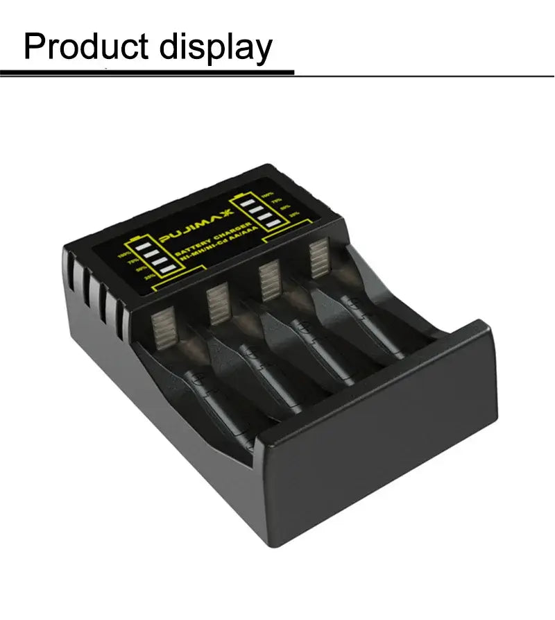 Battery Charger 4 Slots Intelligent LED on display, featuring four slots and LED indicators for charging.