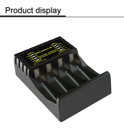 Battery Charger 4 Slots Intelligent LED on display, featuring four slots and LED indicators for charging.