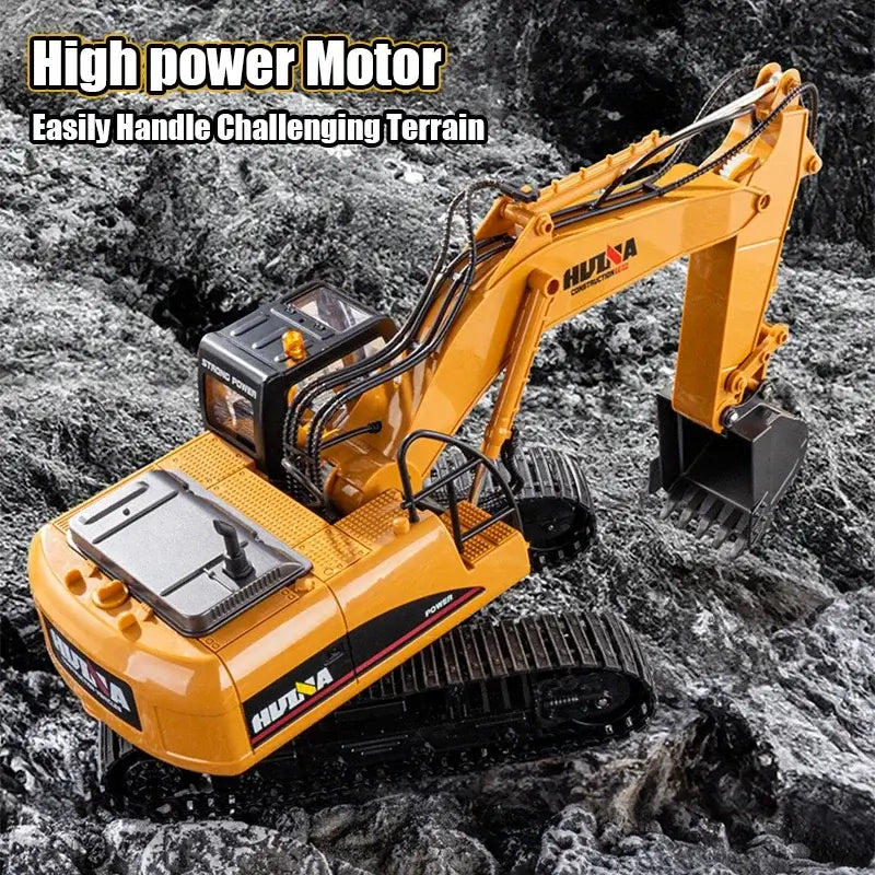 Huina 535 RC Excavator on challenging terrain showcasing high power motor and detail in design.