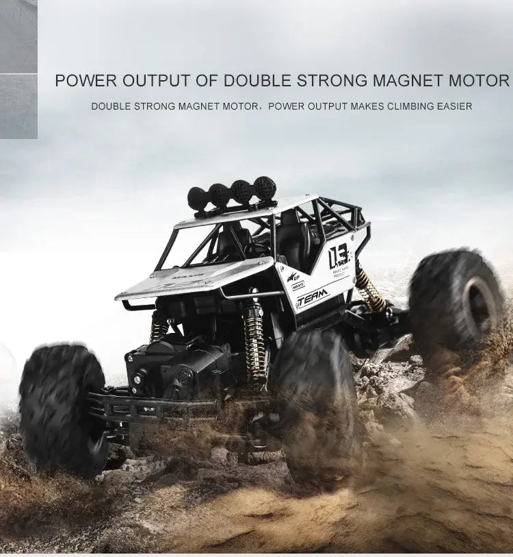 RC Car Remote Control Climbing Vehicle showcasing power output of double strong magnet motor on rugged terrain.