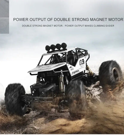RC Car Remote Control Climbing Vehicle showcasing power output of double strong magnet motor on rugged terrain.