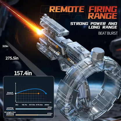 Electric Water Gun with LED Lights showing remote firing range and power metrics for long-range performance