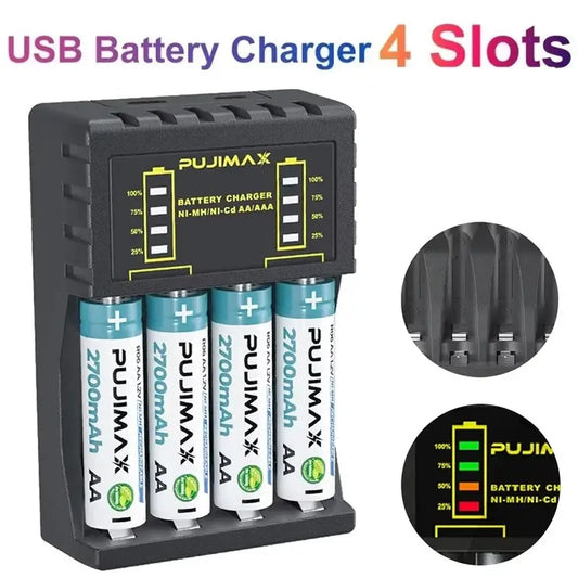 Battery Charger 4 Slots Intelligent LED with USB functionality and LED indicator for charging batteries.