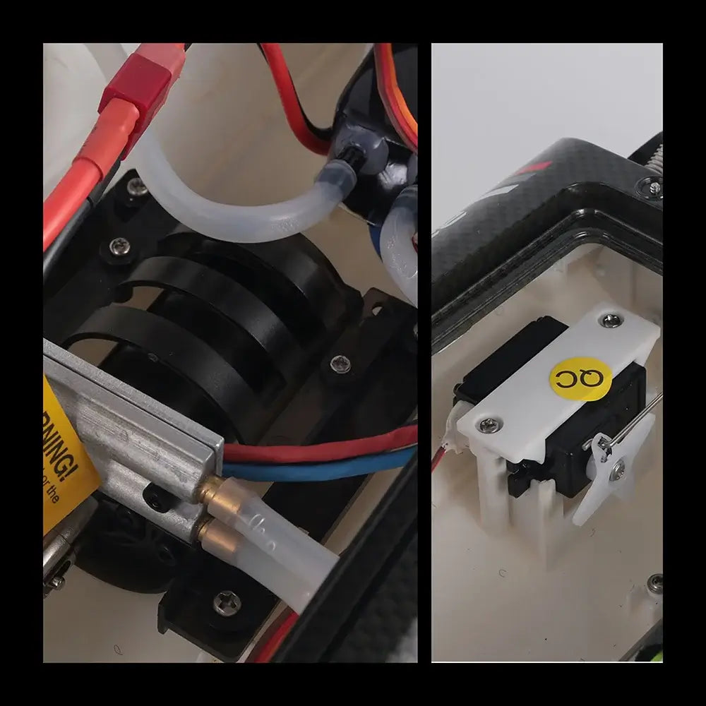 Internal components of the Large RC Speed Boat FT011 FT012 FT016 WL916 showing wiring and motor setup.