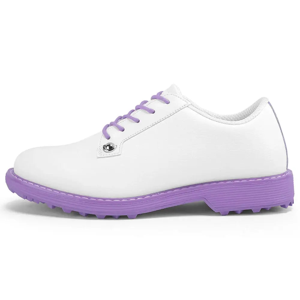 women's leather golf shoes in white and purple, designed for comfort and performance on the golf course.