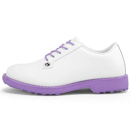 women's leather golf shoes in white and purple, designed for comfort and performance on the golf course.