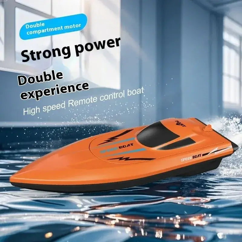 High speed Remote control boat showcasing a waterproof design for kids, featuring strong power and double experience.