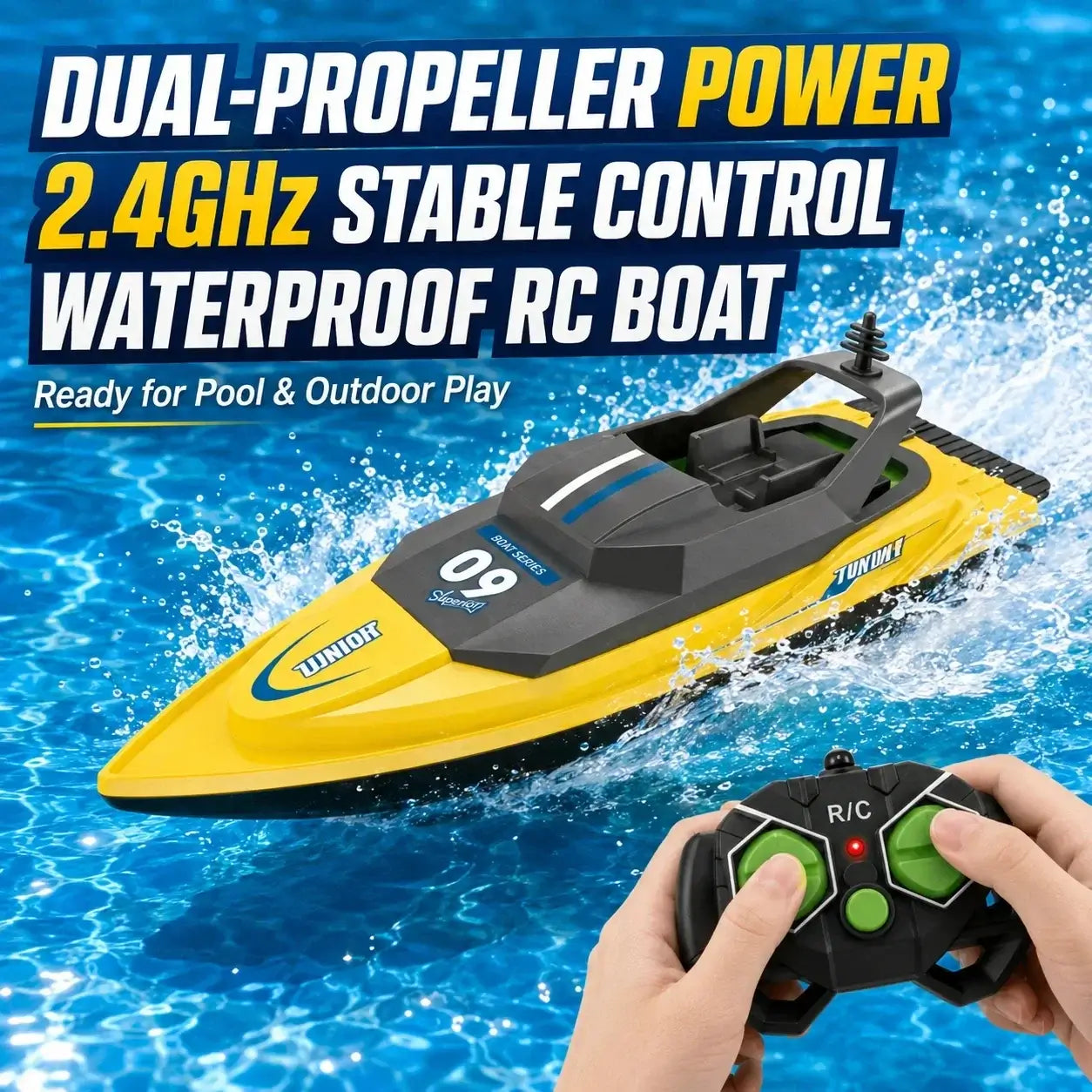 Waterproof high-speed RC boat for kids with dual propeller and stable control, ideal for pool and outdoor play.
