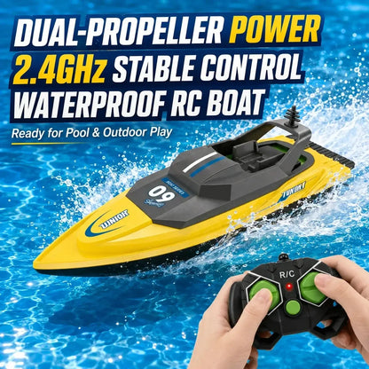 Waterproof high-speed RC boat for kids with dual propeller and stable control, ideal for pool and outdoor play.
