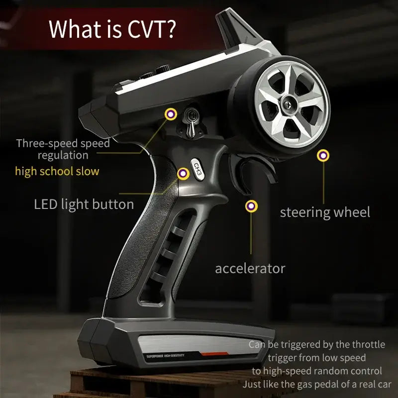 Remote control for High Speed RC Car 4WD with LED button, three-speed regulation, and steering wheel features.