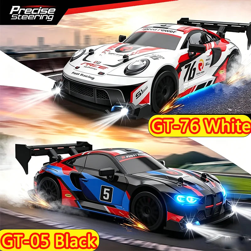 RC drift cars for kids GT-76 White and GT-05 Black showcasing high-speed racing action.