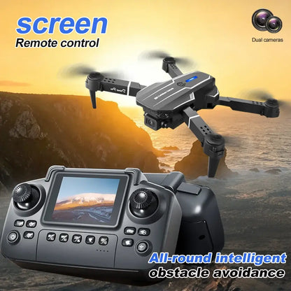 Foldable RC drone with dual camera flying above a scenic landscape with remote control showing a screen.