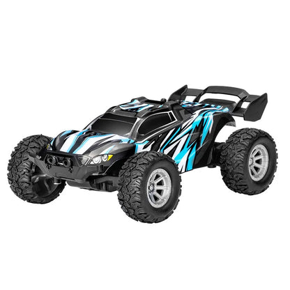high speed RC car in black and blue design, 1:32 scale, ready for indoor and outdoor racing adventures