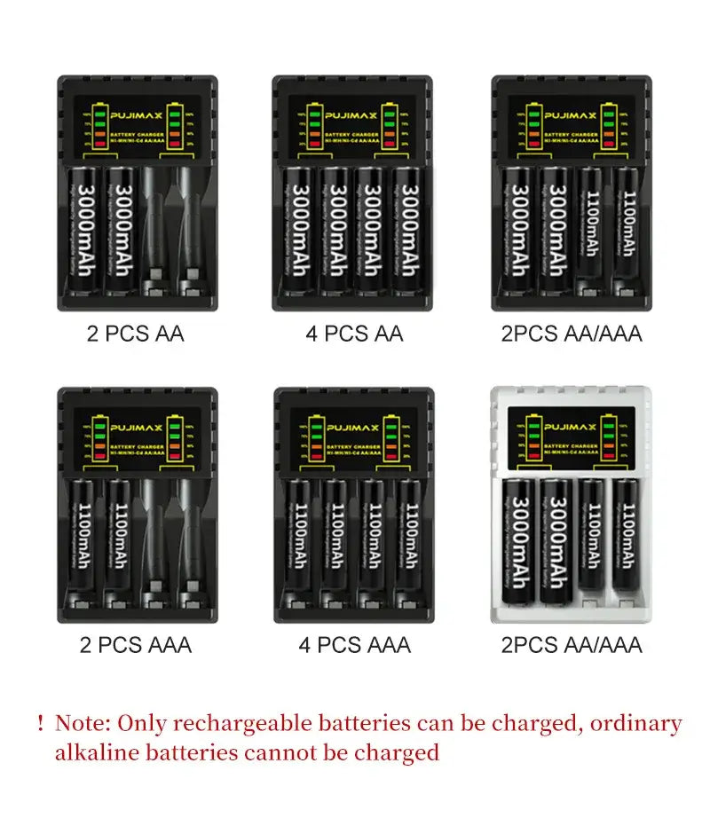 Battery Charger 4 Slots Intelligent LED with 2 AA and 4 AA battery slots, LED indicators for charging status.
