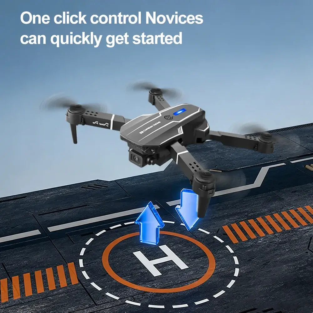 Foldable RC drone with dual camera in flight with one-click control feature for novice users.
