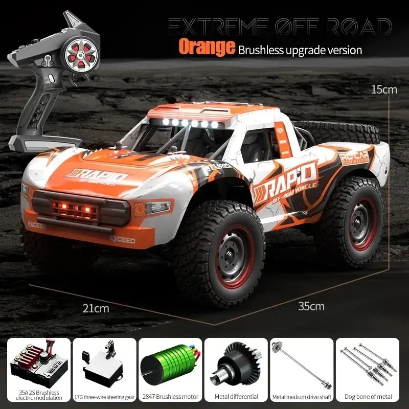 JJRC Q130 RC Car in orange color with remote control, showcasing extreme off-road design and features.