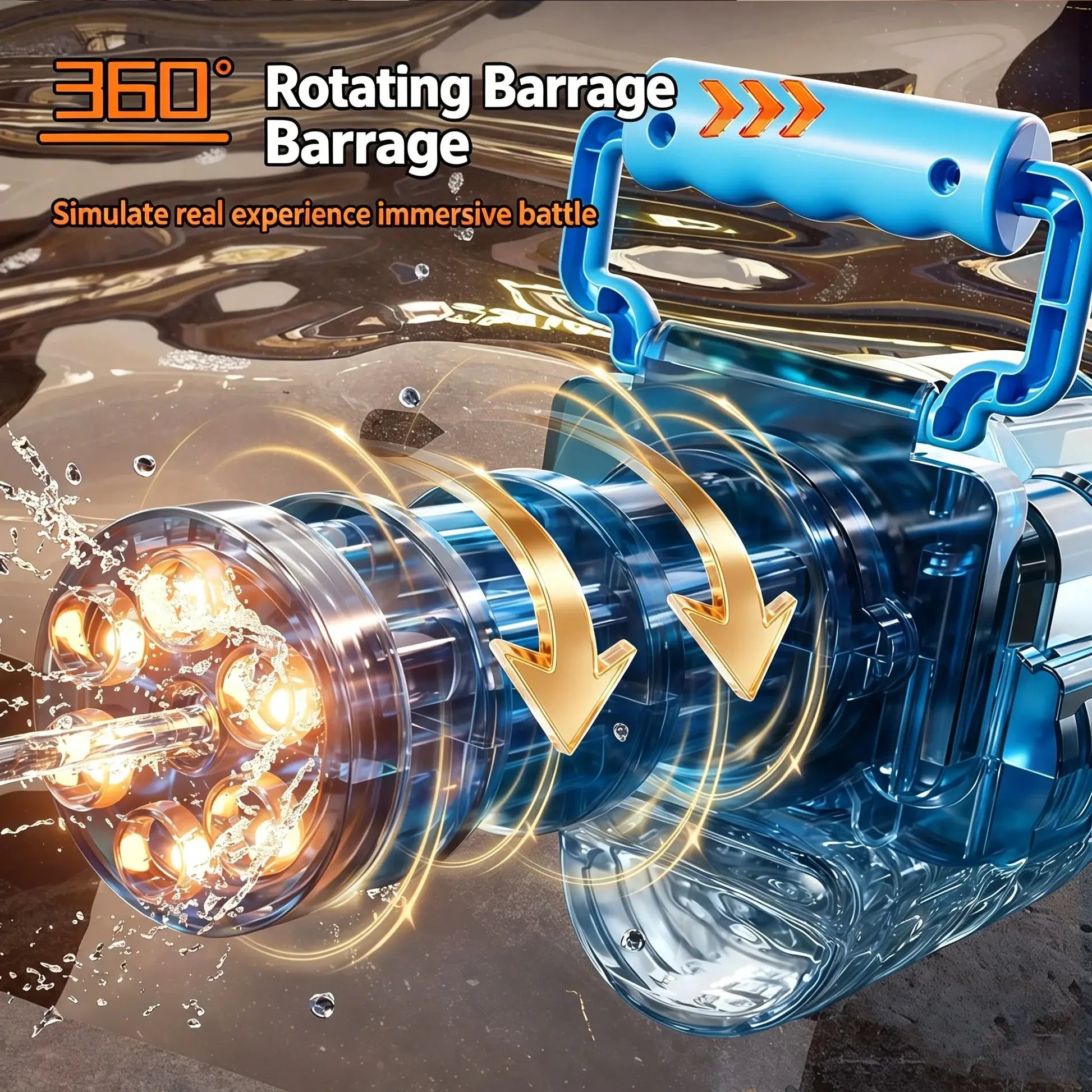 Electric water cannon for adults with 360° rotating barrage feature for immersive battle experience.