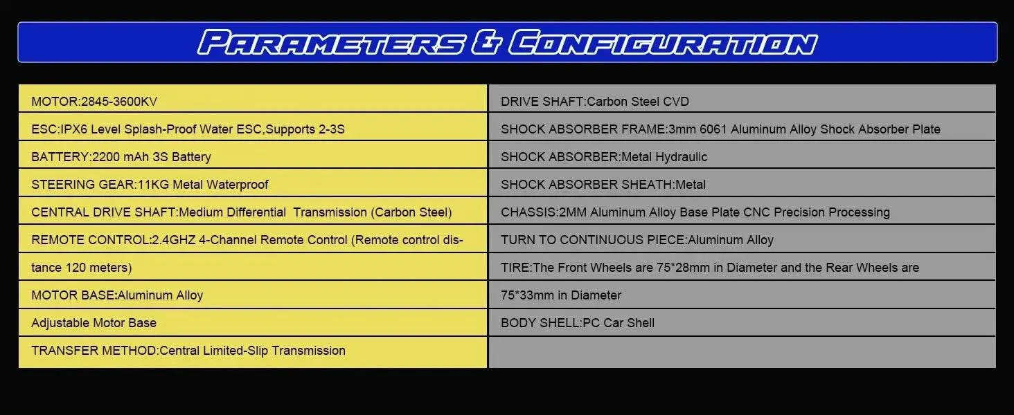 Lithium Battery RC Truck specifications and configuration details including motor, battery, and drive shaft.