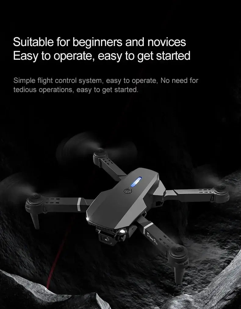 New E88 RC Drone in flight, showcasing ease of use for beginners and novices, designed for easy operation.