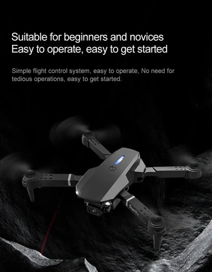 New E88 RC Drone in flight, showcasing ease of use for beginners and novices, designed for easy operation.