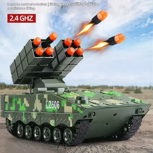 Simulation Military Missile Remote Control Vehicle with multiple projectile launch capability and remote control features.