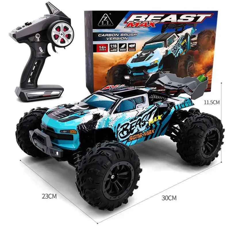 High speed remote control car with remote and box, dimensions 30*23*11.5CM, designed for fast outdoor racing.