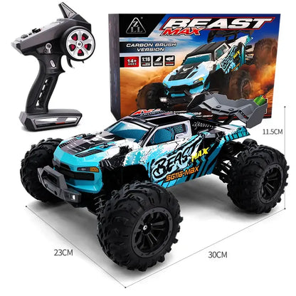 High speed remote control car with remote and box, dimensions 30*23*11.5CM, designed for fast outdoor racing.