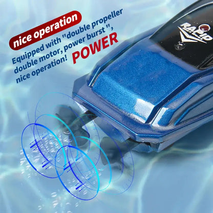 RC Boat High Speed Electric Ship showcasing double propeller and powerful motor operation in water.