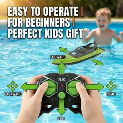 Waterproof high-speed RC boat for kids in a pool with a kid operating the remote control.