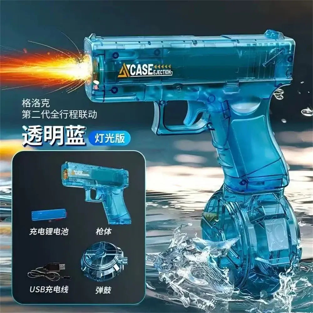 Electric Water Gun with LED Lights featuring translucent design and water spraying action