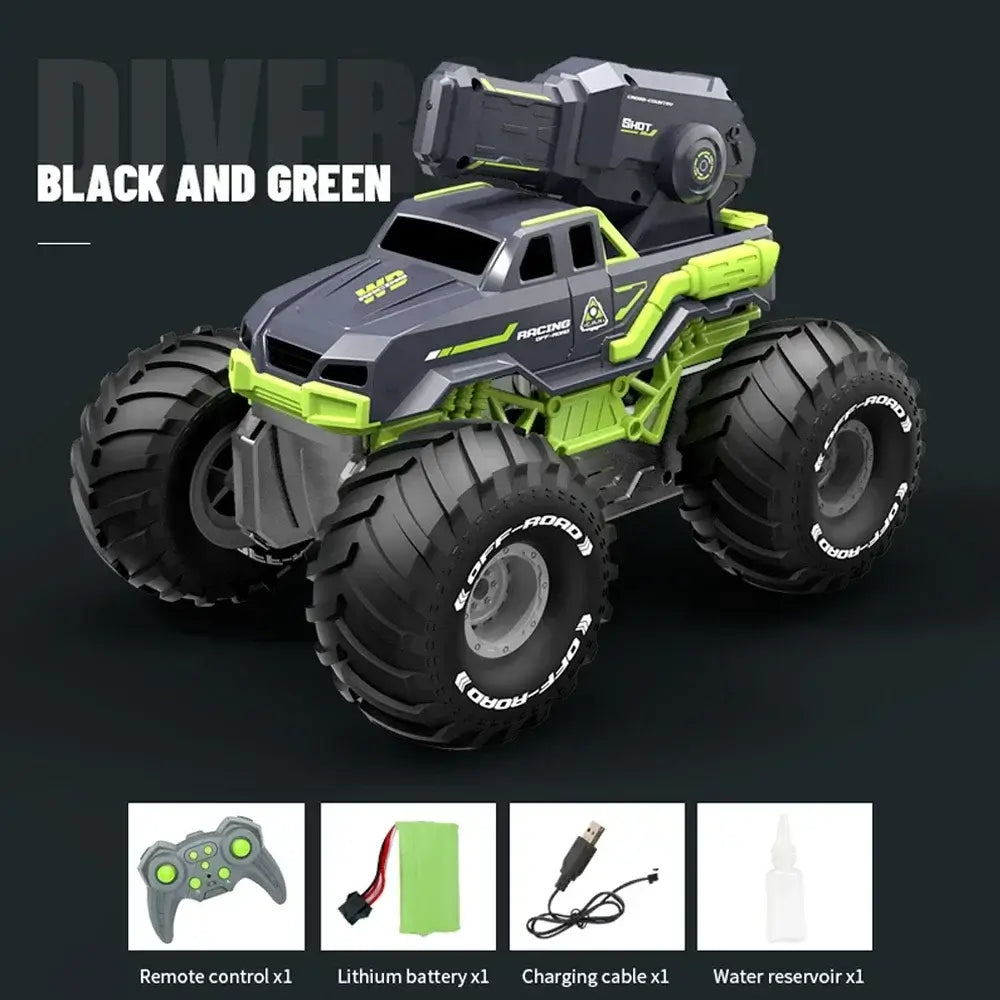 Remote Control Car Amphibious in black and green color with large wheels and accessories shown.