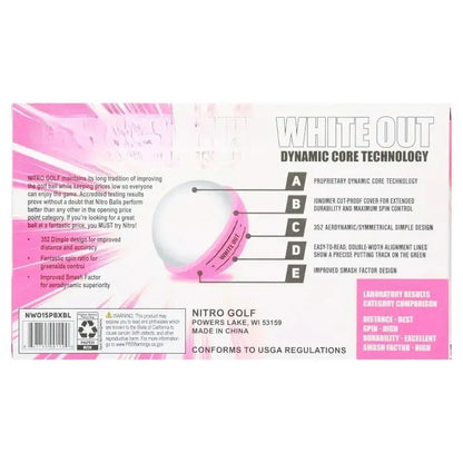 White Out Golf Balls packaging showcasing dynamic core technology and features, 15 pieces in pink, suitable for golfers.