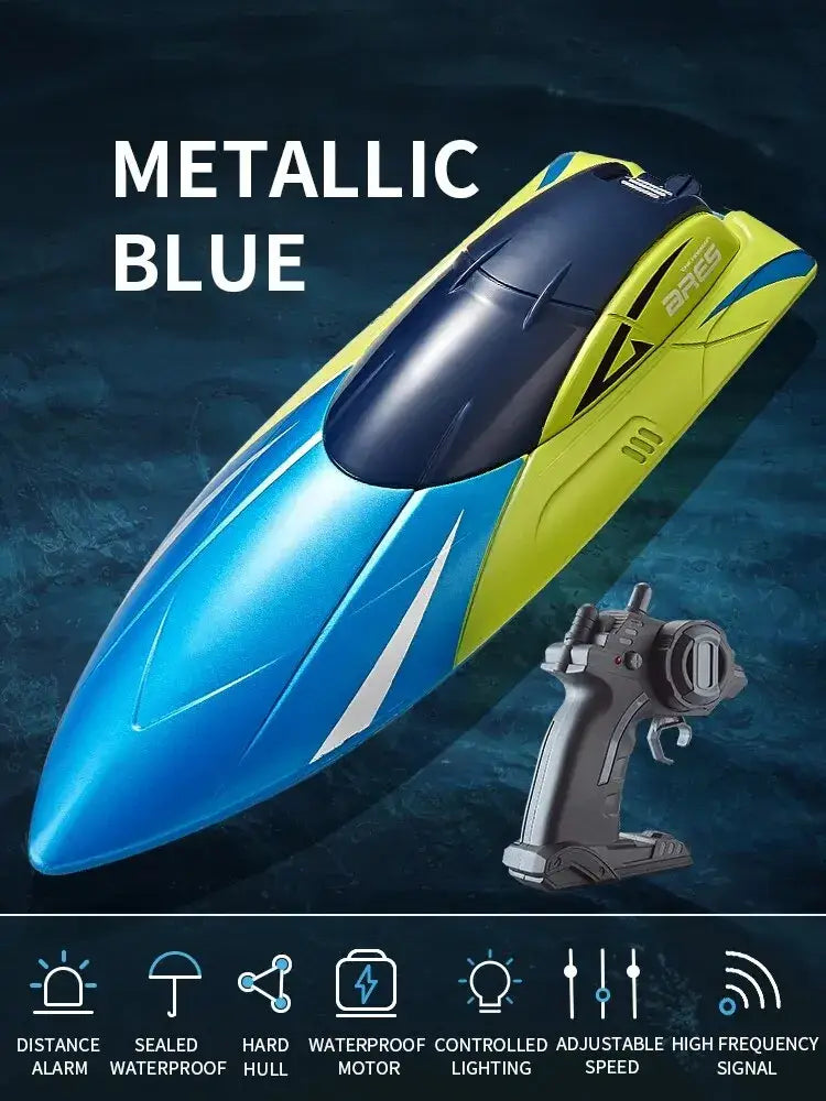 waterproof remote control boat in metallic blue with double rudder motor and remote control features