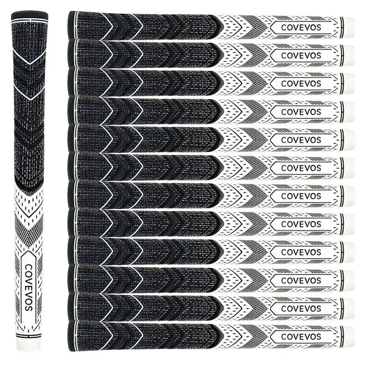 natural rubber golf grips in black and white by COVEVOS, featuring a total of 13pcs, designed for improved golf performance.