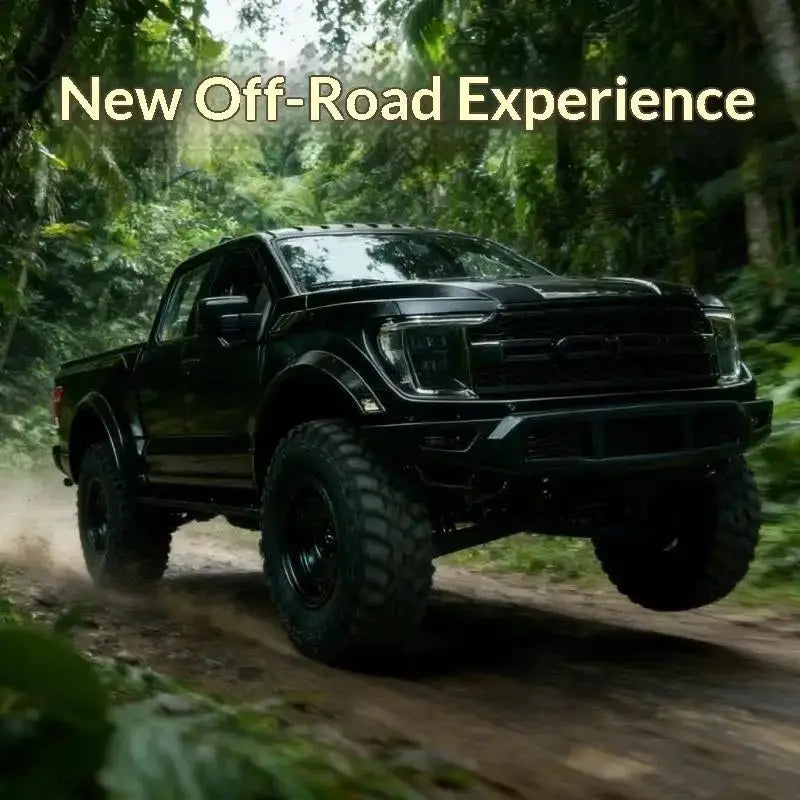 F-150 Raptor RC truck navigating through off-road terrain in a jungle setting.