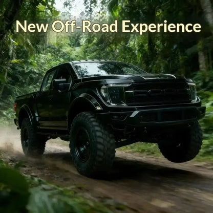 F-150 Raptor RC truck navigating through off-road terrain in a jungle setting.