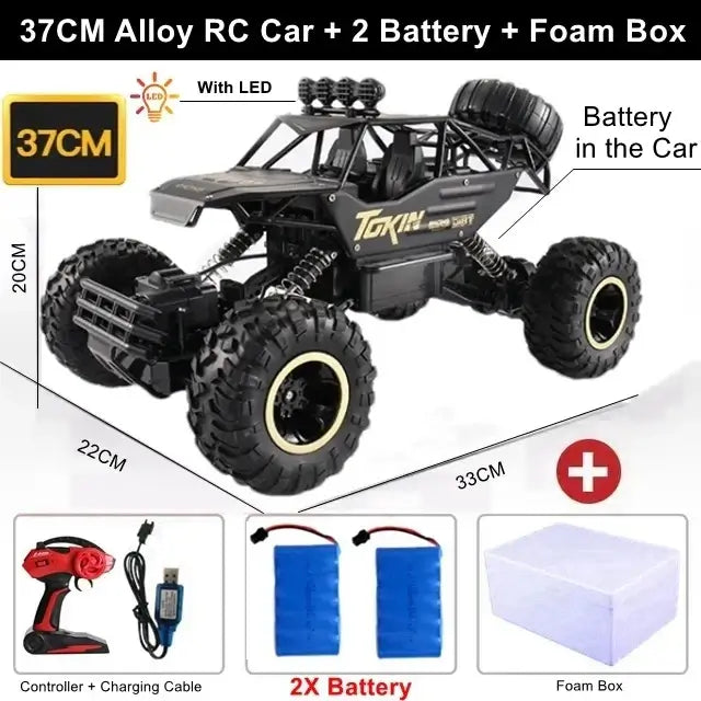 RC Car Remote Control Climbing Vehicle features LED and includes 37CM alloy body, 2 batteries, and foam box for outdoor fun.