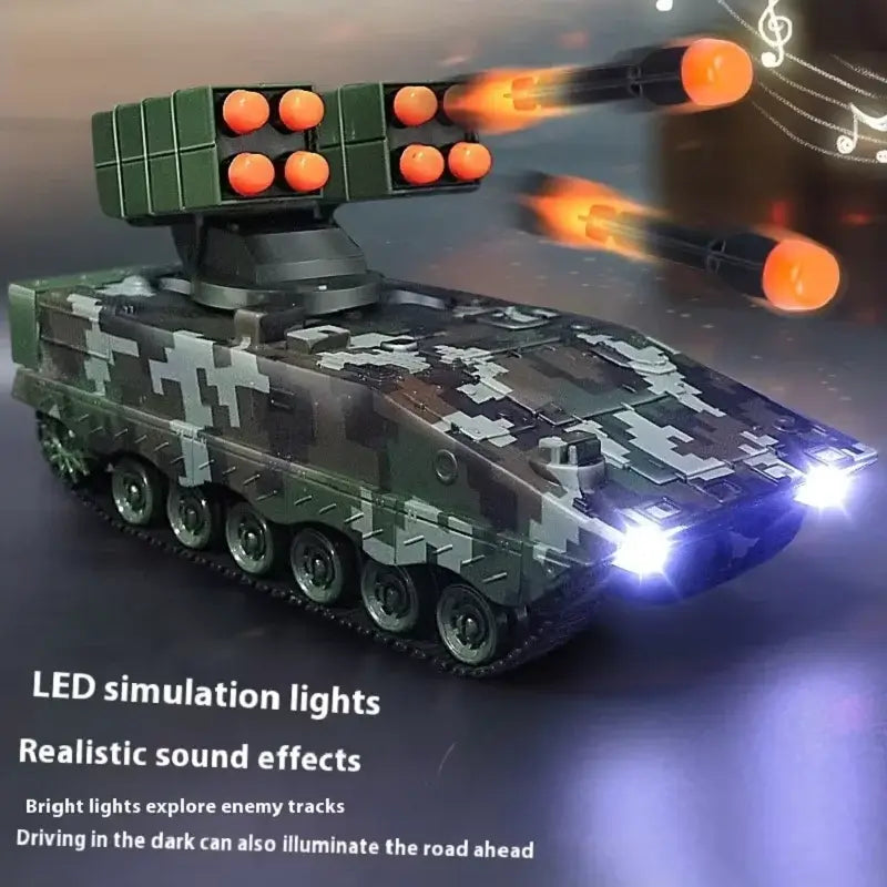 Simulation Military Missile remote control vehicle with LED lights and realistic sound effects, showcasing missile launch.