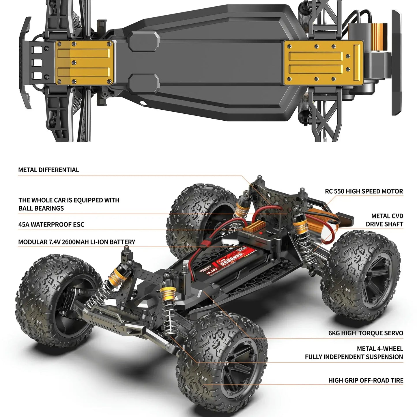 18 Large Size RC Car 60KMH detailed components including metal differential and 550 high-speed motor.