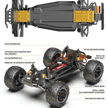 18 Large Size RC Car 60KMH detailed components including metal differential and 550 high-speed motor.