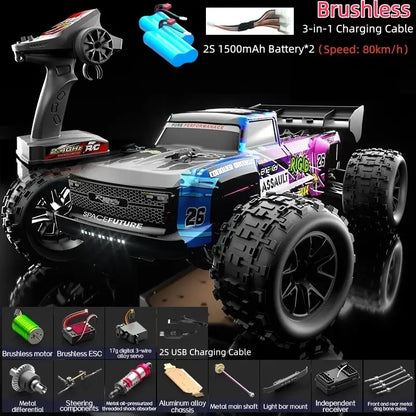 RC Car 90KMH High Speed Brushless Four-Wheel Drive with charging options and accessories.