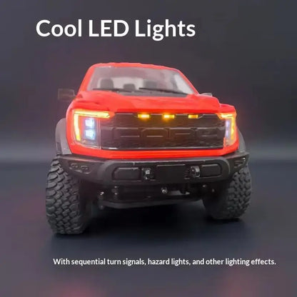 F-150 Raptor RC truck with cool LED lights showcasing sequence signals and hazard lights effects.