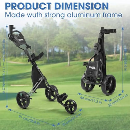 Product dimension of lightweight golf push cart made with strong aluminum frame for durability.
