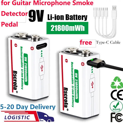 Rscrola 21800mWh 9V Lithium Rechargeable Battery with Type-C cable for various devices