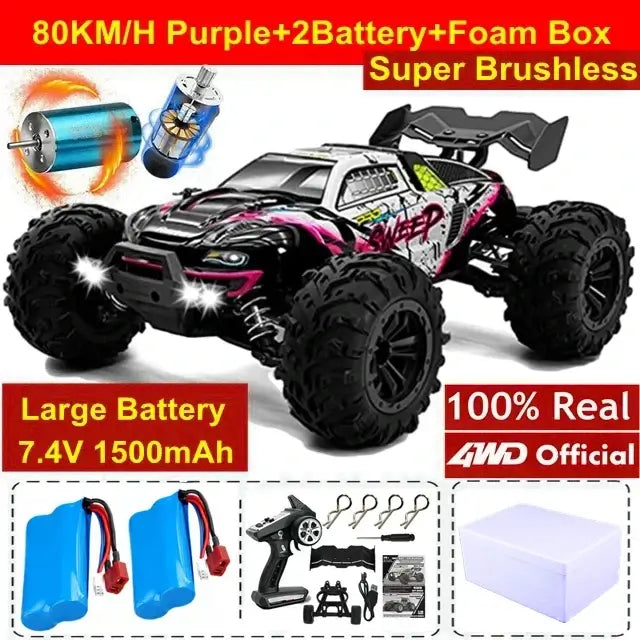 4WD brushless RC car with large battery and accessories, speeds up to 80KM/H, super brushless performance.