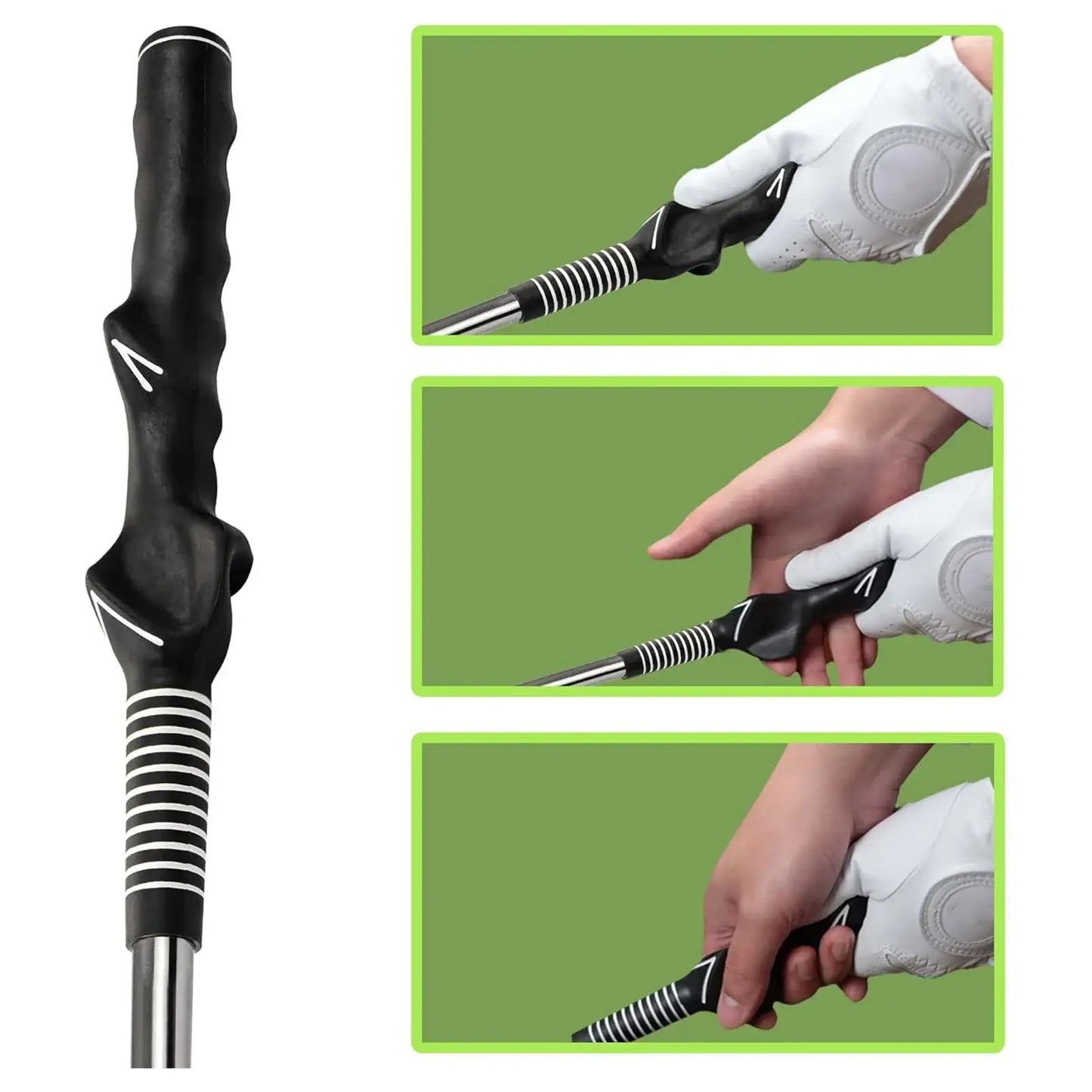 Retractable Golf Swing Trainer with Click Feedback Anti-Slip showcased in multiple grip positions for enhanced training.