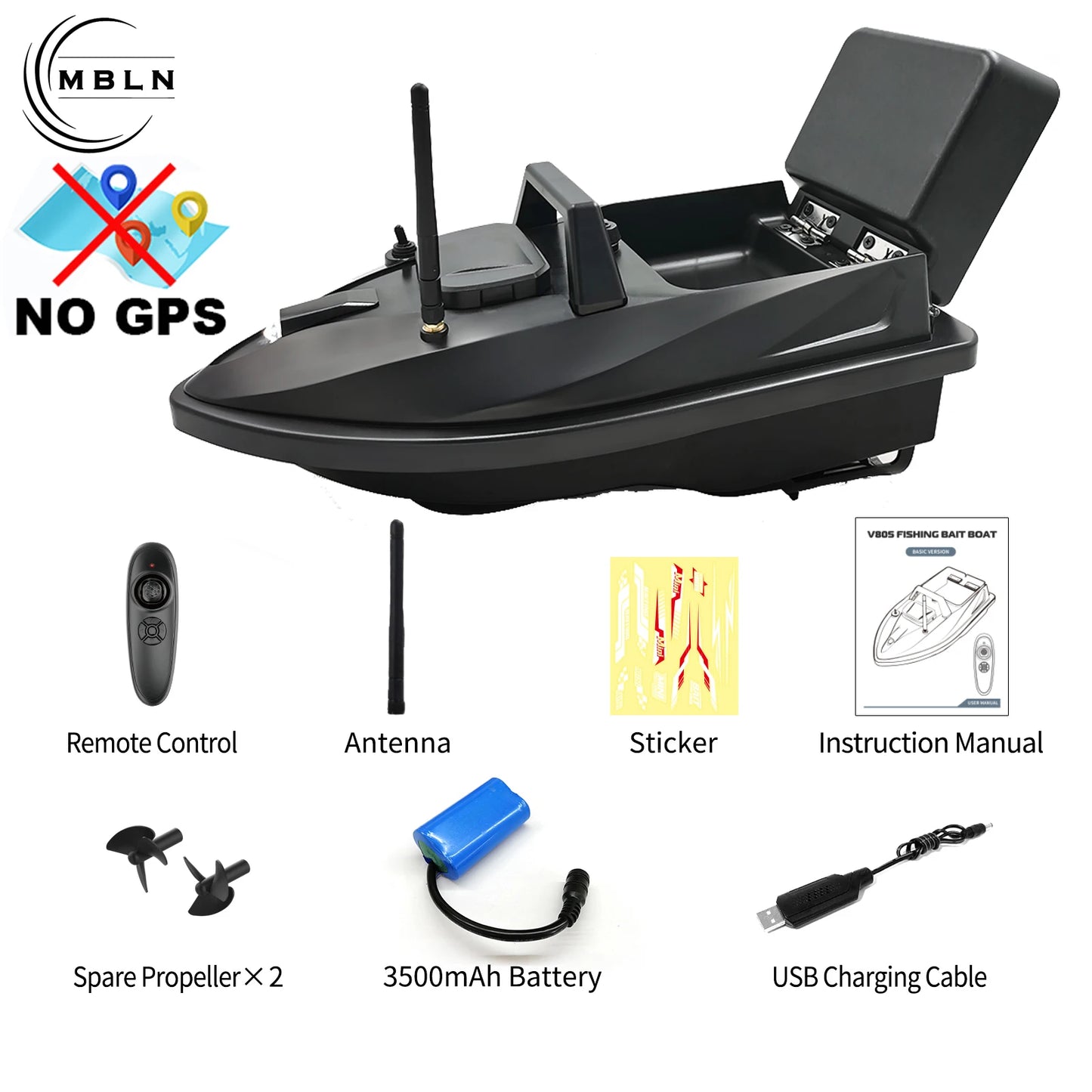 remote control bait boat with remote control, antenna, spare propellers, and USB charging cable.