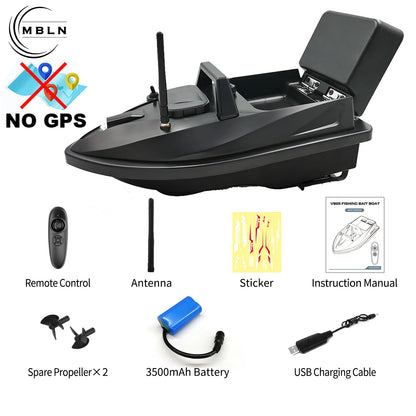 remote control bait boat with remote control, antenna, spare propellers, and USB charging cable.