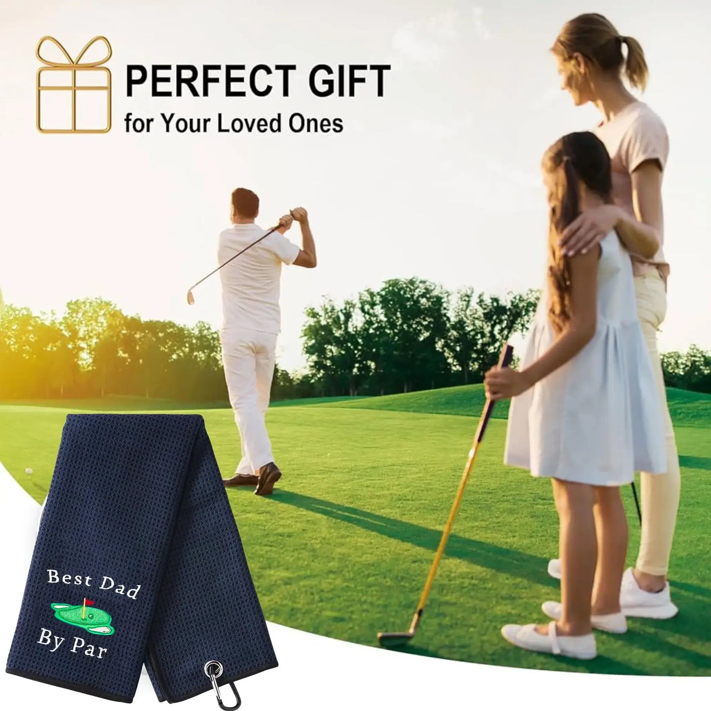 Microfiber Premium Golf Towel, Embroidered Golf Towels shown in a sunny golf course setting, perfect for gifts.