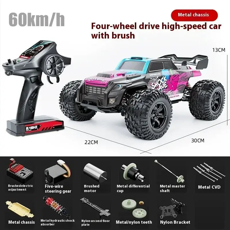 High-speed 4WD RC truck with metal chassis and remote control, designed for off-road performance at 60km/h.